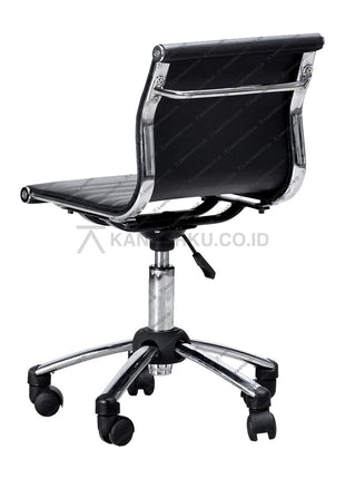 Black office chair with chrome base on a white background KANTORKU.co.id Solusi Tepat Kebutuhan Kantor Kamu!!