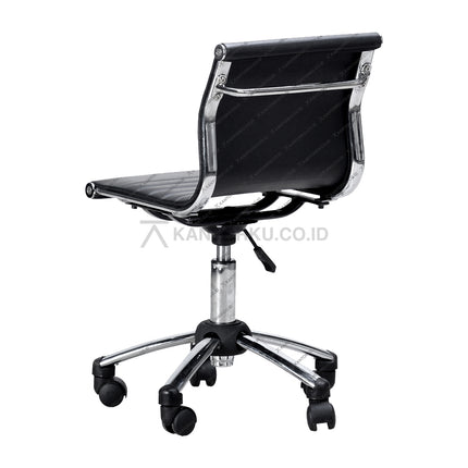 Black office chair with chrome base on a white background KANTORKU.co.id Solusi Tepat Kebutuhan Kantor Kamu!!