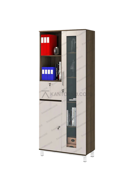 Lemari OR 011 modern kombinasi Grasse Grey Oak dan Pastel Grey elegan – Tersedia di Kantorku.co.id