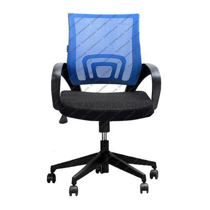 Blue office chair with black base on a white background - Kursi Kantor Ergonomis - Kursi Tilting Control - Kursi Kerja desain Minimalis - Kursi Staff - Kursi Karyawan - kursi dengan roda, dan hidrolik - kursi dari bahan kulit desain elegan harga ramah di kantong - Kursi Kantor Ergotec 851X - KANTORKU