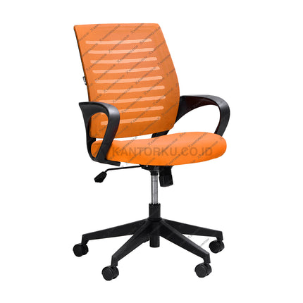 Orange office chair with black base on a white background Kursi Kantor Ergonomis - kursi DENGAN sandaran tangan - Kursi Kerja desain Minimalis - Kursi Staff - Kursi Karyawan - kursi dengan roda dan hidrolik - desain elegan harga ramah di kantong - Kursi Kantor Ergotec harga di bawah 1 juta - KANTORKU