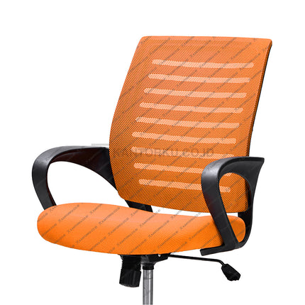 Orange office chair with black armrests on a white background Kursi Kantor Ergonomis - kursi DENGAN sandaran tangan - Kursi Kerja desain Minimalis - Kursi Staff - Kursi Karyawan - kursi dengan roda dan hidrolik - desain elegan harga ramah di kantong - Kursi Kantor Ergotec harga di bawah 1 juta - KANTORKU
