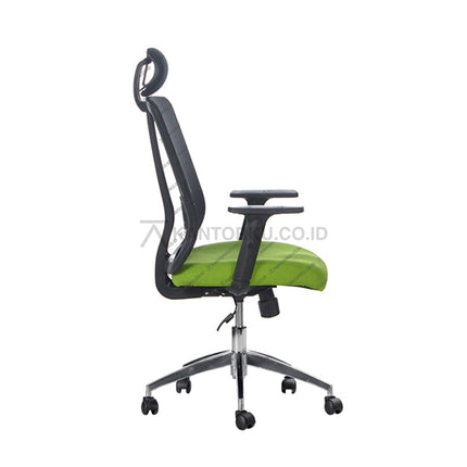Green office chair with black frame on a white background - Kursi kerja ergonomis dengan sandaran jaring - desain Minimalis - SUBARU AKIO LTA - KANTORKU