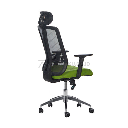 Green office chair with black mesh backrest on a white background - Kursi kerja ergonomis dengan sandaran jaring - desain Minimalis - SUBARU AKIO LTA - KANTORKU