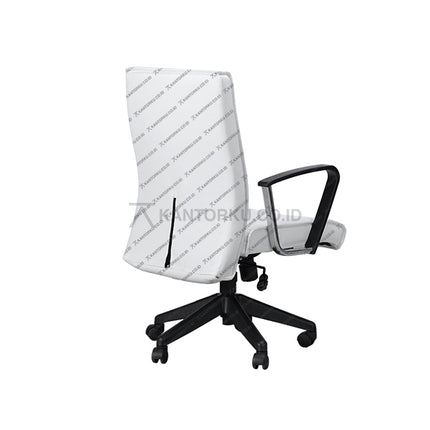 White office chair with black armrests and wheels on a white background