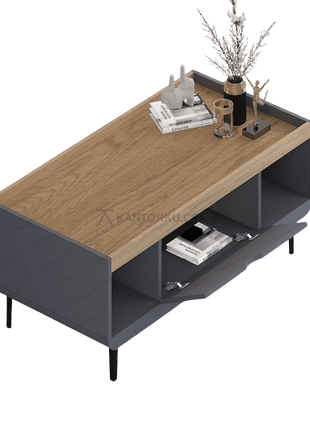 Meja ruang tamu elegan warna Slate Grey dan Light Wood Grain – Tersedia di Kantorku