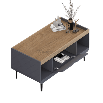 Meja ruang tamu elegan warna Slate Grey dan Light Wood Grain – Tersedia di Kantorku