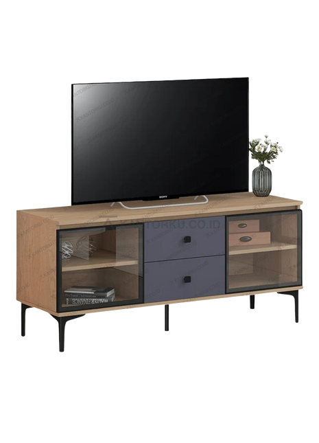 Meja TV minimalis CENA TC-02 dengan kombinasi warna kayu dan abu – Tersedia di Kantorku.co.id