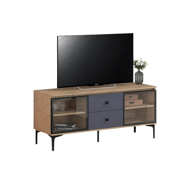 Meja TV minimalis CENA TC-02 dengan kombinasi warna kayu dan abu – Tersedia di Kantorku.co.id
