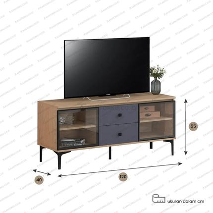TV cabinet modern bergaya elegan dengan kaki besi kokoh – Tersedia di Kantorku