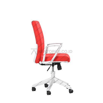 Red office chair with white frame on a white background - Kursi Kantor Ergonomis - Kursi Kerja desain Minimalis - Kursi Staff - Kursi Karyawan - kursi dengan roda, sandaran lengan, dan tuas hidrolik - KANTORKU