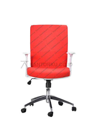 Red office chair with a white frame on a white background - Kursi Kantor Ergonomis - Kursi Kerja desain Minimalis - Kursi Staff - Kursi Karyawan - kursi dengan roda, sandaran lengan, dan tuas hidrolik - KANTORKU