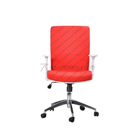 Red office chair with a white frame on a white background - Kursi Kantor Ergonomis - Kursi Kerja desain Minimalis - Kursi Staff - Kursi Karyawan - kursi dengan roda, sandaran lengan, dan tuas hidrolik - KANTORKU