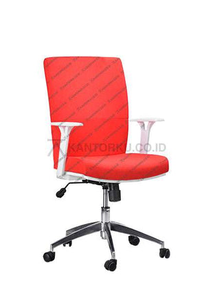 Red office chair with a white background - Kursi Kantor Ergonomis - Kursi Kerja desain Minimalis - Kursi Staff - Kursi Karyawan - kursi dengan roda, sandaran lengan, dan tuas hidrolik - KANTORKU
