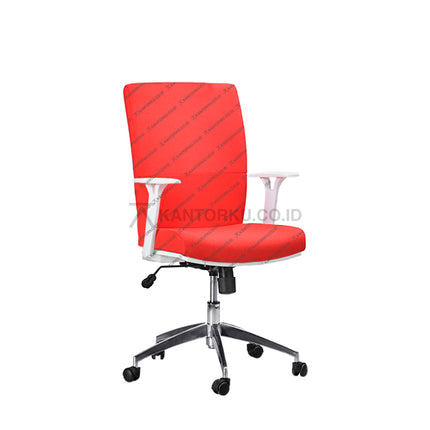 Red office chair with a white background - Kursi Kantor Ergonomis - Kursi Kerja desain Minimalis - Kursi Staff - Kursi Karyawan - kursi dengan roda, sandaran lengan, dan tuas hidrolik - KANTORKU