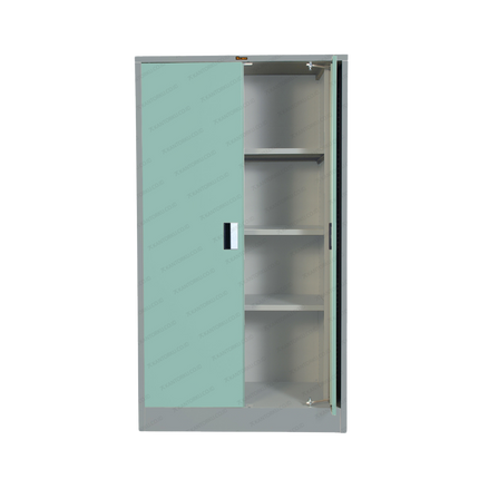 Metal cabinet with a green door on a white background