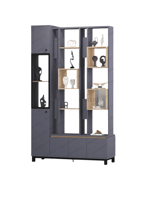 Lemari display modern CENA DV-01 warna Slate Grey dan Light Wood – Tersedia di Kantorku.co.id