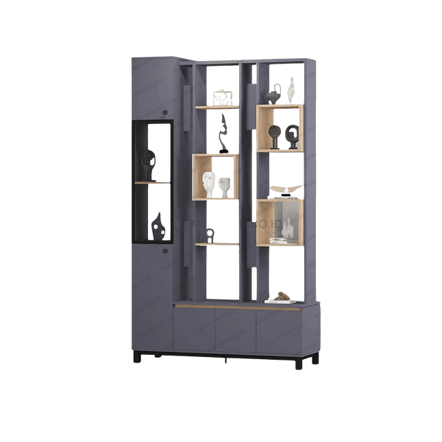 Lemari display modern CENA DV-01 warna Slate Grey dan Light Wood – Tersedia di Kantorku.co.id
