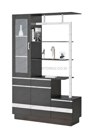 Rak display DV 001 modern elegan kombinasi warna Walnut dan Putih – Tersedia di Kantorku.co.id