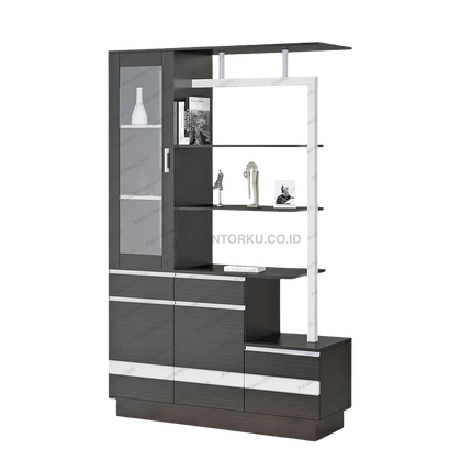 Rak display DV 001 modern elegan kombinasi warna Walnut dan Putih – Tersedia di Kantorku.co.id