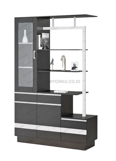 Rak display DV 001 modern elegan kombinasi warna Walnut dan Putih – Tersedia di Kantorku.co.id