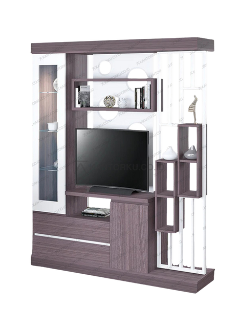 Rak TV DV 005 modern dengan kombinasi warna Grey Ashtree dan Putih Gloss – Tersedia di Kantorku.co.id