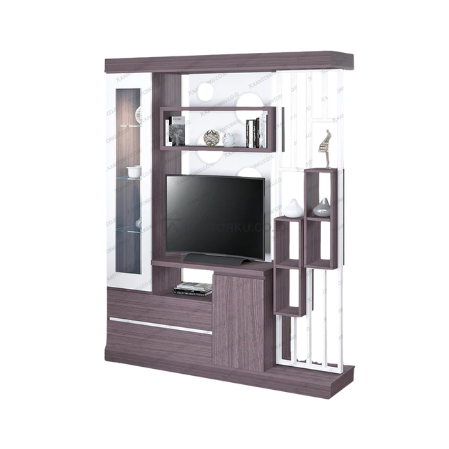 Rak TV DV 005 modern dengan kombinasi warna Grey Ashtree dan Putih Gloss – Tersedia di Kantorku.co.id