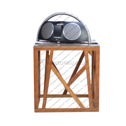 Meja sudut Hasibuan Zigzag berbahan kayu jati natural dengan desain zigzag modern dan top kaca elegan — kantorku.