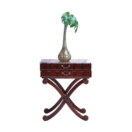 Meja sudut Hasibuan Zigzag berbahan kayu jati natural dengan desain zigzag modern dan top kaca elegan — kantorku.