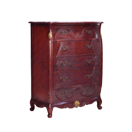 Lemari Laci Kayu Mahoni Finishing Glossy dengan Detail Ukiran Indah dan Gagang Kuningan Antik – Gaya Klasik Modern. Kantorku.co.id.