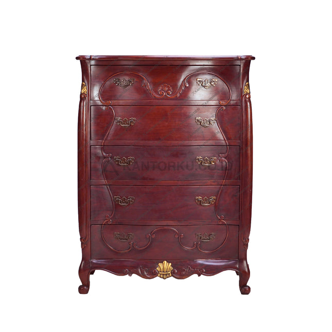 Lemari Laci Klasik Mahoni Warna Cokelat Tua dengan 5 Laci Ukir Elegan – Desain Aristokrat yang Mewah dan Timeless. Kantorku.