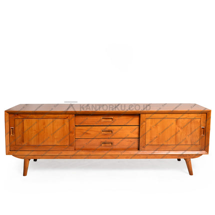 Meja TV kayu solid dengan nuansa natural dan tampilan elegan bergaya kontemporer – kantorkudotcodotid