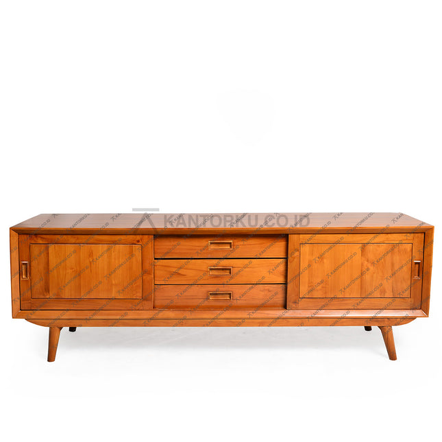 Meja TV kayu solid dengan nuansa natural dan tampilan elegan bergaya kontemporer – kantorkudotcodotid