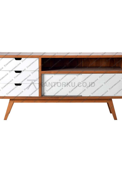 Meja TV Minimalis Kemang berbahan kayu mahoni dengan desain elegan dan modern – kantorku