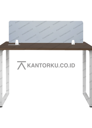 Meja kerja Fluix WS 2P F dua orang dengan partisi panel tengah dan kursi Javico ergonomis, desain modern minimalis – KANTORKU