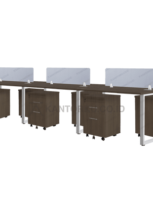 Set meja kantor enam orang dengan partisi panel tengah — kantorku