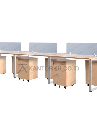 Meja kerja tim enam orang dengan drawer beroda praktis — kantorku.co.id