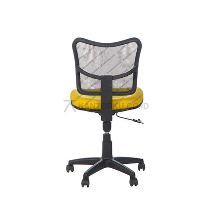 Yellow office chair with black mesh backrest on a white background
