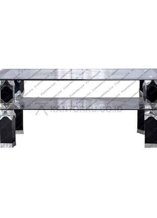 Meja tamu Hwang MT 1158 kaca tempered rangka logam chrome hitam silver – kantorku