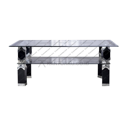 Meja tamu Hwang MT 1158 kaca tempered rangka logam chrome hitam silver – kantorku