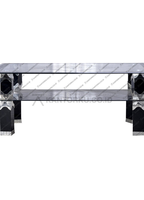 Meja tamu Hwang MT 1158 kaca tempered rangka logam chrome hitam silver – kantorku