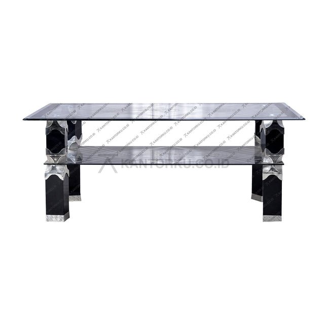 Meja tamu Hwang MT 1158 kaca tempered rangka logam chrome hitam silver – kantorku
