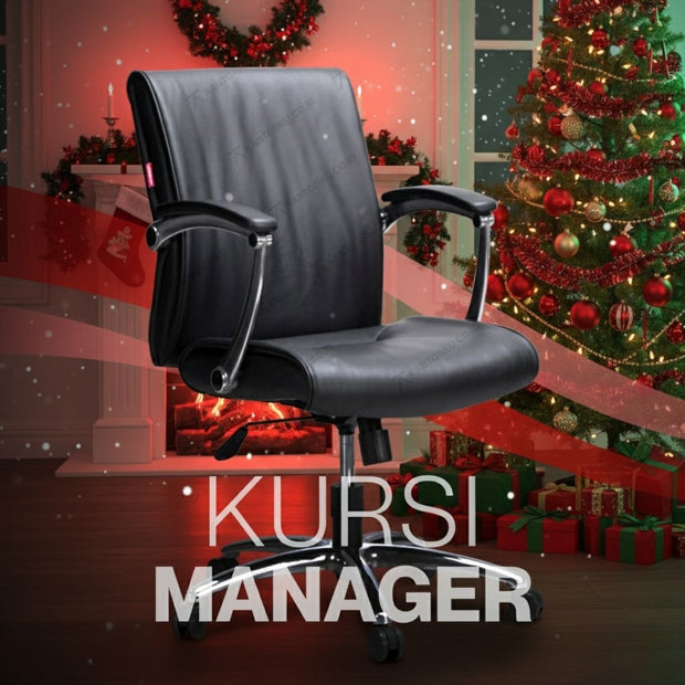 Black office chair in a festive room with Christmas tree and fireplace Kursi manager