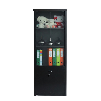 Lemari Arsip Lunar LBC 46 multifungsi dengan pintu kaca, pintu panel berkunci, material particle board PVC tahan gores untuk dokumen, buku, dan koleksi.