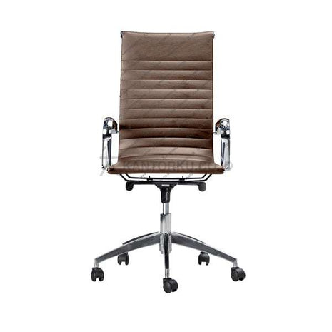 Brown office chair with a quilted design on a white background