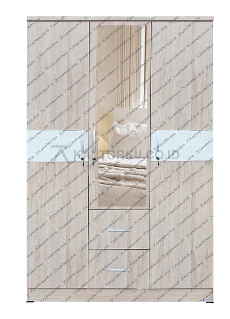 Lemari pakaian Lunar LPT 328 tiga pintu dengan cermin minimalis – KANTORKU