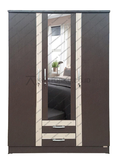 Lemari pakaian Lunar LPT 329 Espresso tiga pintu dengan dua laci – KANTORKU