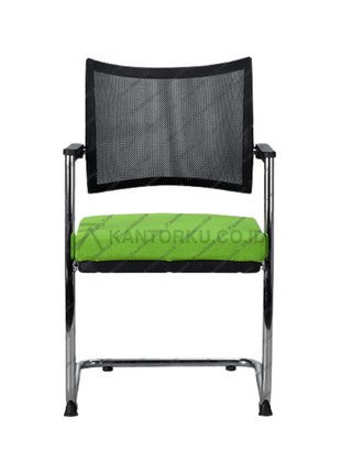 Chair with green cushion and black mesh back on a white background Temukan Kursi Kerja kamu hanya Di kantorku.co.id Solusi Tepat Kebutuhan Kantor Kamu!!