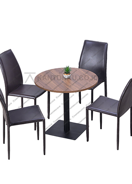 Set meja makan bundar bermotif kayu dengan empat kursi kulit sintetis coklat gelap bergaya klasik elegan — Kantorku.