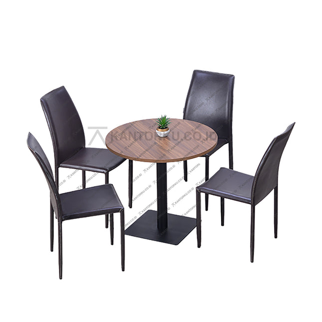 Set meja makan bundar bermotif kayu dengan empat kursi kulit sintetis coklat gelap bergaya klasik elegan — Kantorku.